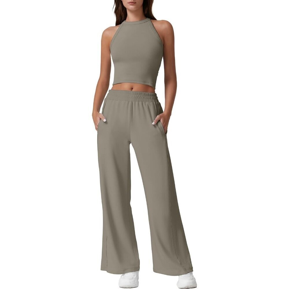 Women's Summer Ribbed Knit 2-Piece Tracksuit Crop Tank & Wide Leg Pants